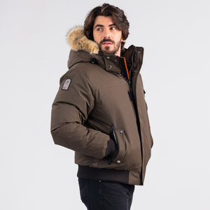Outdoor Survival Canada OSC Men's Desna -40 Down Bomber Jackets in Steel Grey Right Side View with OSC Brand Patch | ScoutTech Outfitters