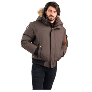 Outdoor Survival Canada OSC Men's Desna UC -20 Urban Down Bomber Jacket on Model in Steel Grey Right Side OSC Brand Badge View | ScoutTech Outfitters