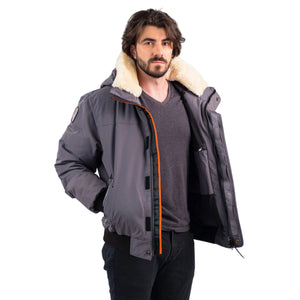 Outdoor Survival Canada OSC Men's Desna US -20 Urban Shearling Down Bomber Jacket on Model in Charcoal Grey Unzipped Casual View | ScoutTech Outfitters Mississauga Store