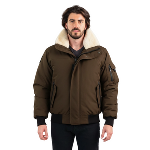 Outdoor Survival Canada OSC Mens Desna US -20C Urban Shearling Down Bomber Jacket on Model in Alpine Moss Front View | ScoutTech Outfitters Mississauga Store