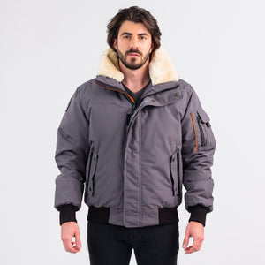 Outdoor Survival Canada OSC Men's Desna US -20C Urban Shearling Down Bomber Jacket on Model in Charcoal Grey Front View | ScoutTech Outfitters