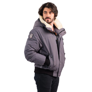 Outdoor Survival Canada OSC Mens Desna US -20C Urban Shearling Down Bomber Jacket on Model in Charcoal Grey Right OSC Brand Patch View | ScoutTech Outfitters