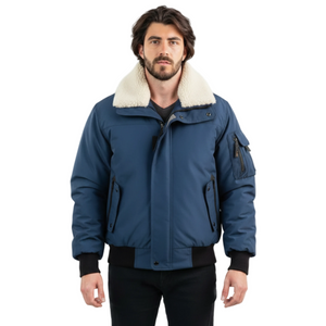 Outdoor Survival Canada OSC Mens Desna US -20C Urban Shearling Down Bomber Jacket on Model in Indigo Blue Front View | ScoutTech Outfitters