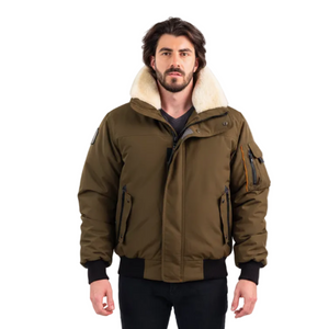 Outdoor Survival Canada OSC Mens Desna US -20C Urban Shearling Down Bomber Jacket on Model in Military Green Front | ScoutTech Mississauga
