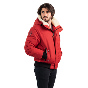 Outdoor Survival Canada OSC Mens Desna US -20C Urban Shearling Down Bomber Jacket on Model in Red Alert Right Side View | ScoutTech Outfitters Mississauga