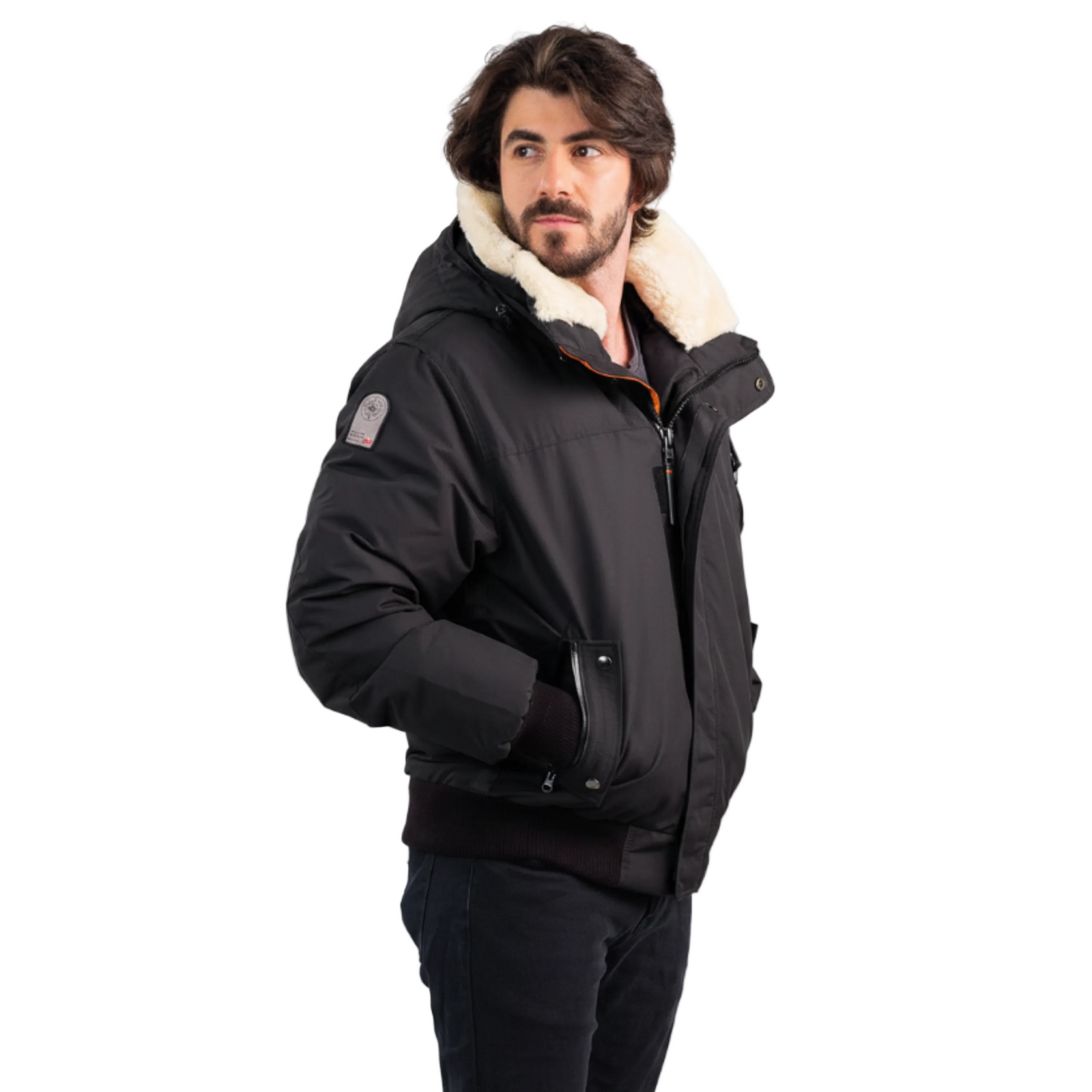 Outdoor Survival Canada OSC Men's Desna US -20 Urban Down Bomber Jacket on Model in Orca Black Right Side OSC Brand Badge View | ScoutTech Outfitters Mississauga Store