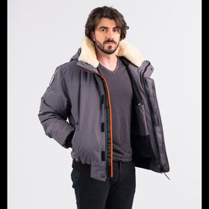 Outdoor Survival Canada OSC Men's Desna US -20 Urban Shearling Down Bomber Jacket on Model in Charcoal Grey Unzipped Causal View | ScoutTech Outfitters Mississauga Store