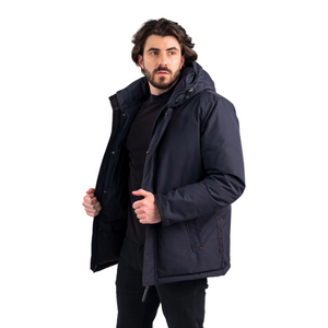 Outdoor Survival Canada OSC Men's Iqniq -20°C Urban Down Parka in Cold Lake Blue Front Casually Unzipped on Model  | ScoutTech Outfitters Mississauga Store