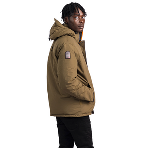 Outdoor Survival Canada OSC Men's Iqniq -20°C Urban Down Parka in Military Green on Model Right Shoulder View Showing Brand Patch | ScoutTech Outfitters