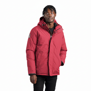 Outdoor Survival Canada OSC Men's Iqniq -20°C Urban Down Parka in Red Alert Front View on Model | ScoutTech Outfitters Mississauga Store