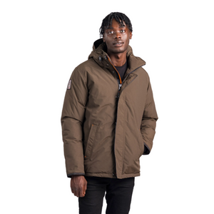 Outdoor Survival Canada OSC Men's Iqniq -20°C Urban Down Parka in Steel Grey on Model Right Shoulder View Showing Brand Patch | ScoutTech Outfitters