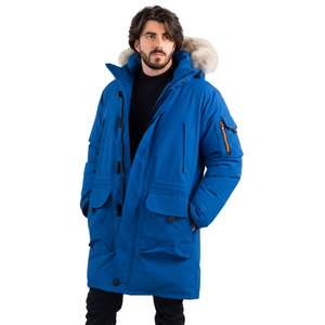 Outdoor Survival Canada OSC Men's Massak -40° Long Down Parka in Arctic Blue on Model Left View | ScoutTech Outfitters Mississauga Store