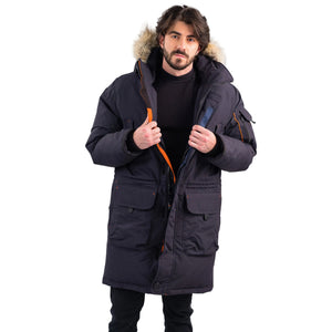 Outdoor Survival Canada OSC Men's Massak -40° Long Down Parka in Cold Lake Blue on Model Casual Front Half Unzipped View | ScoutTech Outfitters Mississauga Store