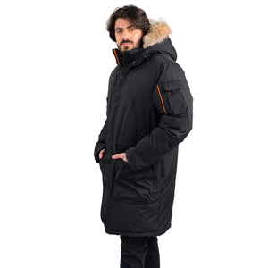 Outdoor Survival Canada OSC Men's Massak -40° Long Down Parka in Orca Black on Model Left View | ScoutTech Outfitters Mississauga Store