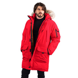 Outdoor Survival Canada OSC Men's Massak -40° Long Down Parka in Red Alert on Model Front Casual Pose with Zipper Open | ScoutTech Outfitters Mississauga Store