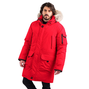 Outdoor Survival Canada OSC Men's Massak -40° Long Down Parka in Red Alert on Male Model Front Pose | ScoutTech Outfitters Mississauga Store