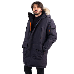Outdoor Survival Canada OSC Men's Massak -40° Long Down Parka in Cold Lake Blue on Model Half Unzipped Front | ScoutTech Outfitters Mississauga Store