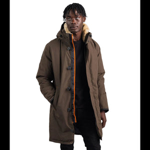 Outdoor Survival Canada OSC Men's Nevluk -20C Urban Shearling Down Parka in Alpine Moss Casual Front Opened View | ScoutTech Outfitters