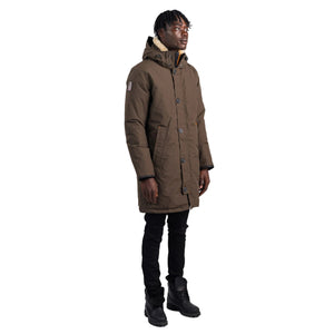 Outdoor Survival Canada OSC Men's Nevluk -20C Urban Shearling Down Parka in Alpine Moss on Model Front Fastened View  | ScoutTech Outfitters