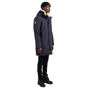 Outdoor Survival Canada OSC Men's Nevluk -20C Urban Shearling Down Parka in Cold Lake Blue Right Side with OSC Badge Pose | ScoutTech Outfitters