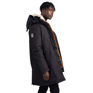 Outdoor Survival Canada OSC Men's Nevluk -20C Urban Shearling Down Parka in Orca Black Right Side View and OSC Patch | ScoutTech Mississauga
