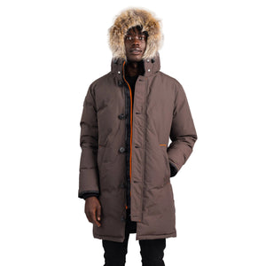 Outdoor Survival Canada OSC Men's Nevluk UC -20C Urban Coyote Down Parka on model in Steel Grey Front View | ScoutTech Outfitters Mississauga Store