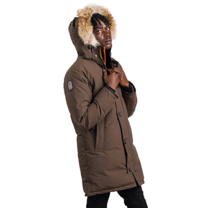 Outdoor Survival Canada OSC Men's Nevluk UC -20C Urban Coyote Down Parka on model in Steel Grey Right View Hood On | ScoutTech Outfitters 