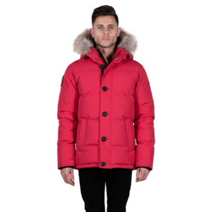 Outdoor Survival Canada OSC Men's Nyik -20C Down Parka in Red Alert Front View on Model | ScoutTech Outfitters