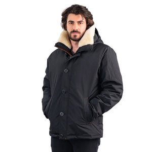 Outdoor Survival Canada OSC Men's Nyik -20C Urban Shearling Jacket in Orca Black on Model Front View | ScoutTech Outfitters Mississauga Store