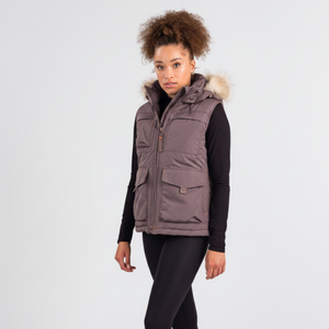 Outdoor Survival Canada OSC Miki Women's -40°C/F Down Vest with Hood in Charcoal Grey on Model | ScoutTech Outfitters