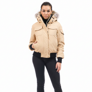 Outdoor Survival Canada OSC Nini Womens -40 Bomber Jacket in Sand Buff on Model | ScoutTech Outfitters