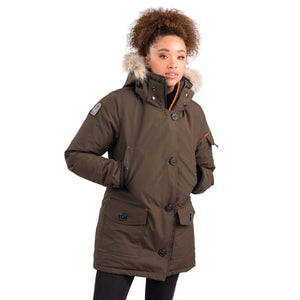 Outdoor Survival Canada OSC Women's Kasa -40 Down Parka in Alpine Moss on Model Using Handwarmer Pockets | ScoutTech Outfitters 