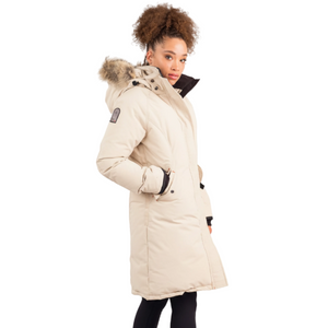 Outdoor Survival Canada OSC Women's Karima -40 Down Parka in Sand Buff right side with shoulder patch | ScoutTech Outfitters