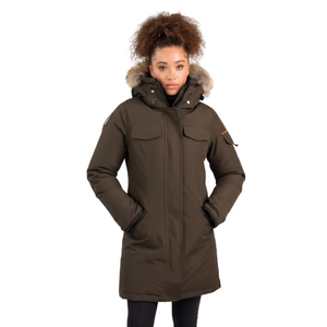 Outdoor Survival Canada OSC Women's Jaci -40C/F Down Parka on Model in Alpine Moss with Hands in Pockets | ScoutTech Outfitters 