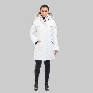 Outdoor Survival Canada OSC Women's Jaci -40 Down Parka on Model in Pure White on Grey Background | ScoutTech Outfitters
