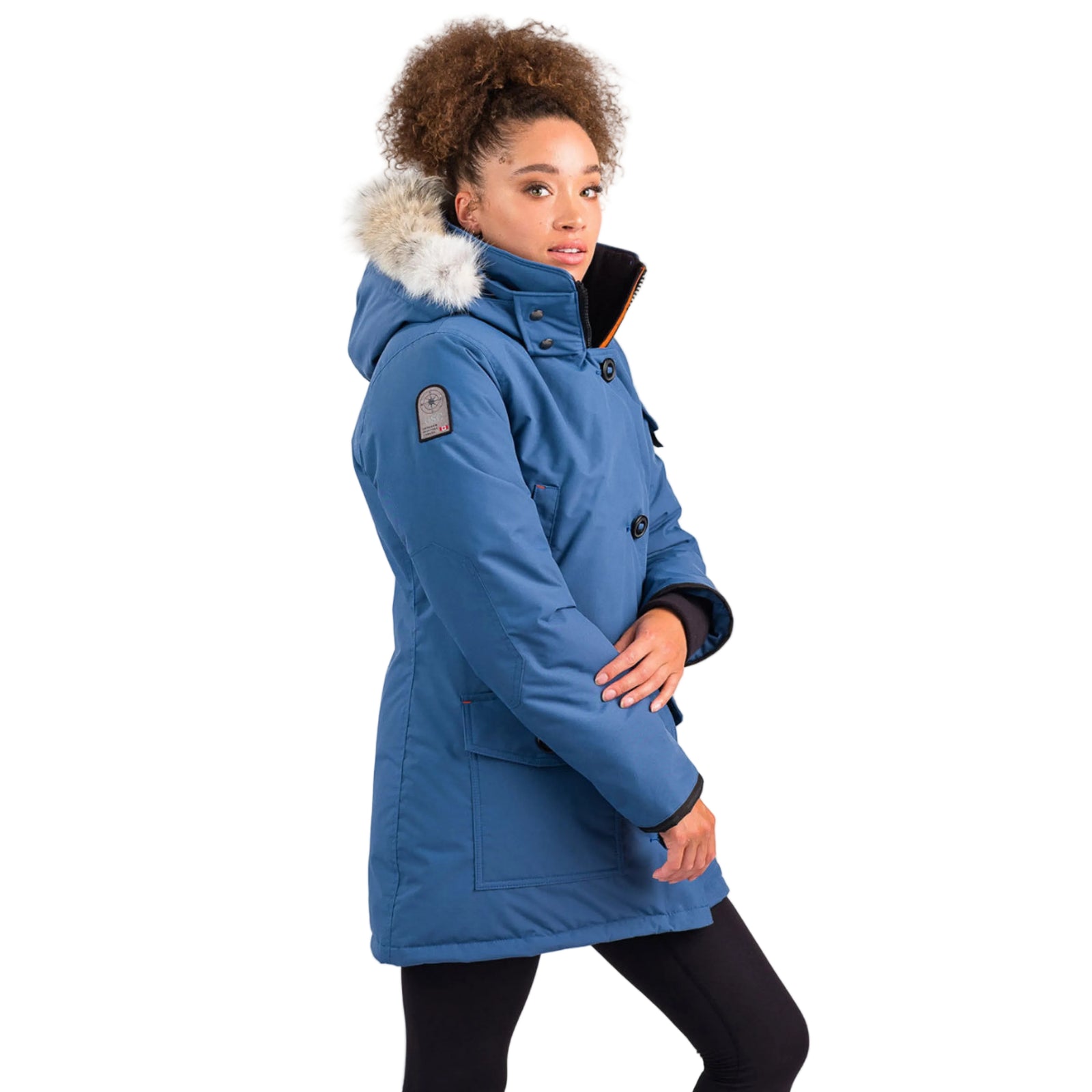 Outdoor Survival Canada OSC Women's Kasa -40 Down Parka in Indigo Blue on Model Right Side View with OSC Brand Patch | ScoutTech Outfitters Mississauga Store