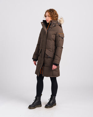 Outdoor Survival Canada OSC Women's Siku -40 Parka in Alpine Moss Front View on Model | ScoutTech Mississauga