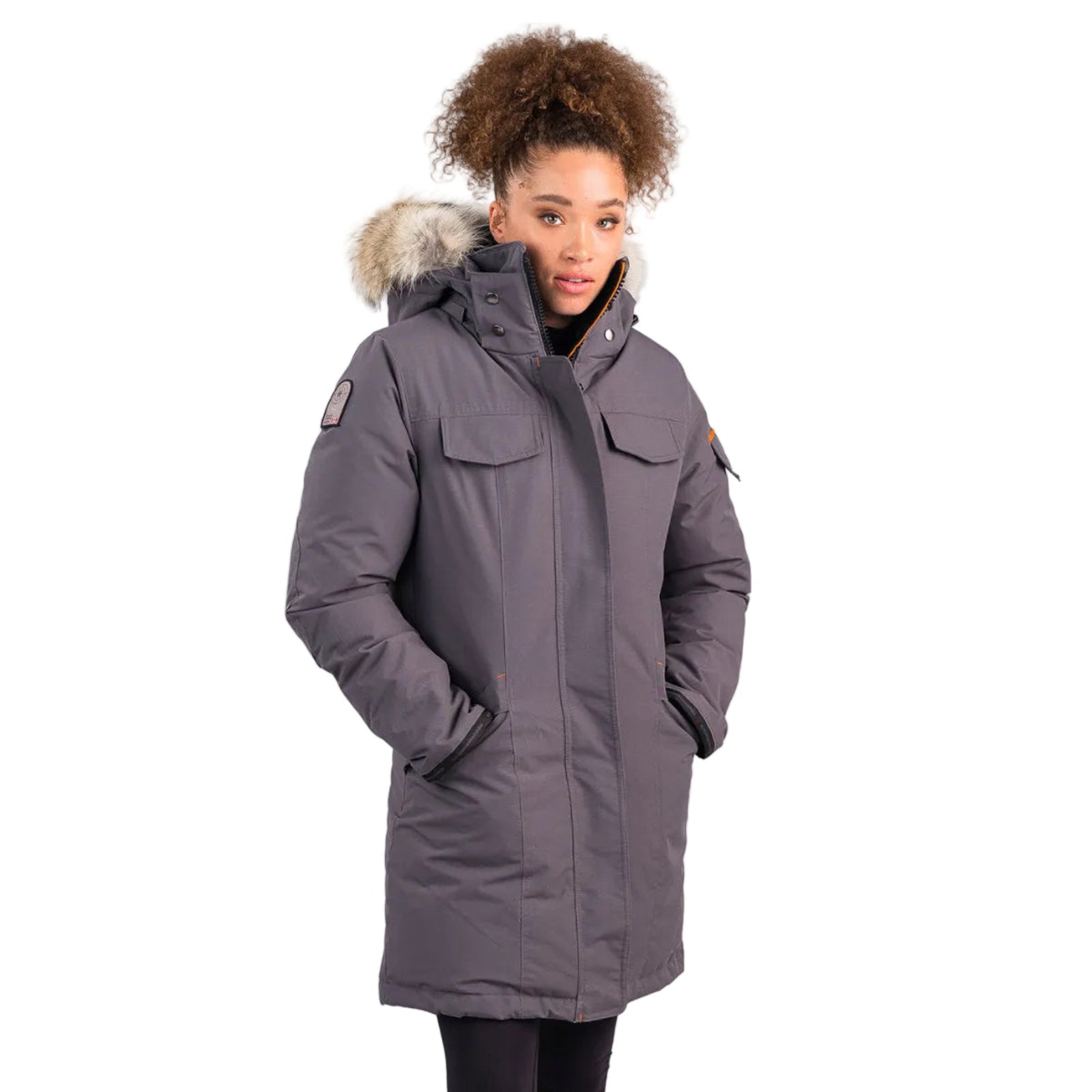 Outdoor Survival Canada OSC Women's Jaci -20C Down Parka on Model in Charcoal Grey View of Right Shoulder | ScoutTech Outfitters Mississauga Store