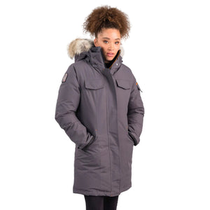 Outdoor Survival Canada OSC Women's Jaci -20C Down Parka on Model in Charcoal Grey View of Right Shoulder | ScoutTech Outfitters Mississauga Store