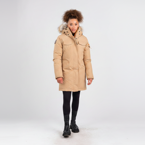 Outdoor Survival Canada OSC Women's Jaci -20 Down Parka on Model in Sand Buff Front View | ScoutTech Mississauga