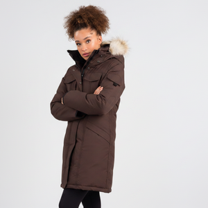 Outdoor Survival Canada OSC Women's Jaci -40C/F Down Parka on Model in Chestnut Brown Left Side with Arms Crossed | ScoutTech Outfitters 