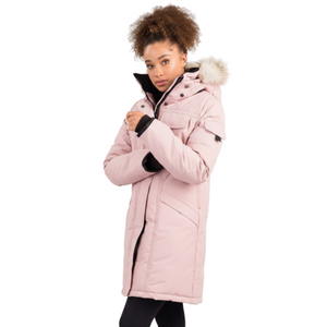 Outdoor Survival Canada OSC Women's Jaci -40C/F Down Parka in Himalayan Pink on Model in Action Pose | ScoutTech Outfitters