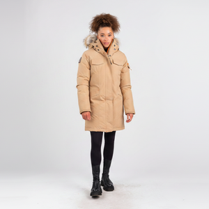 Outdoor Survival Canada OSC Women's Jaci -40 Down Parka on Model in Sand Buff Front View | ScoutTech Mississauga