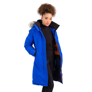 Outdoor Survival Canada OSC Women's Karima -40 Down Parka in Arctic Blue Unzipped View on Model | ScoutTech Outfitters