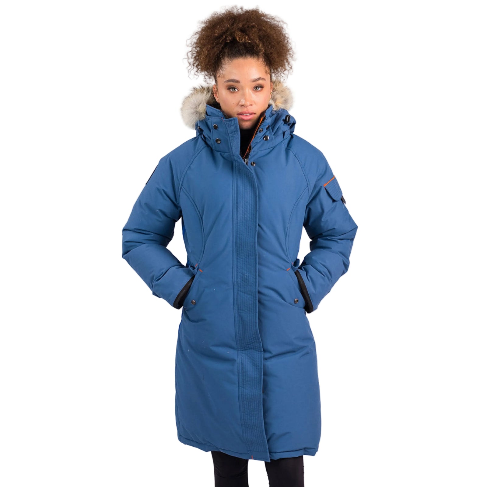 Outdoor Survival Canada OSC Women's Karima -40°C/F Down Parka in Indigo Blue on Model with Hands in Pockets | ScoutTech Outfitters Mississauga Store