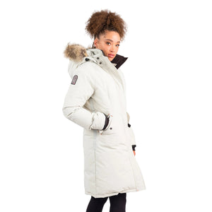Outdoor Survival Canada OSC Women's Karima -40 Down Parka in Opal on a model showing Right Side with Brand Patch | ScoutTech Outfitters