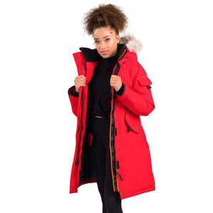 Outdoor Survival Canada OSC Women's Karima -40 Down Parka in Red Alert on a model showing Front View with jacket unzipped | ScoutTech Outfitters