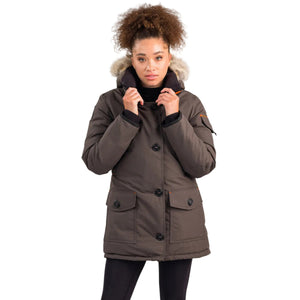 Outdoor Survival Canada OSC Women's Kasa -40 Down Parka in Steel Grey on Model Fun Frontal Pose | ScoutTech Outfitters