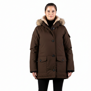 Outdoor Survival Canada OSC Womens Kasa US -20C Urban Shearling Trim Down Jacket in Alpine Moss Front View | ScoutTech Outfitters