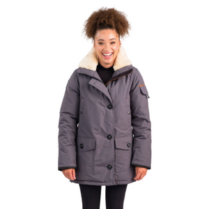 Outdoor Survival Canada OSC Womens Kasa US -20C Urban Shearling Trim Down Jacket in Charcoal Grey on a Model Front Pose | ScoutTech Outfitters Mississauga